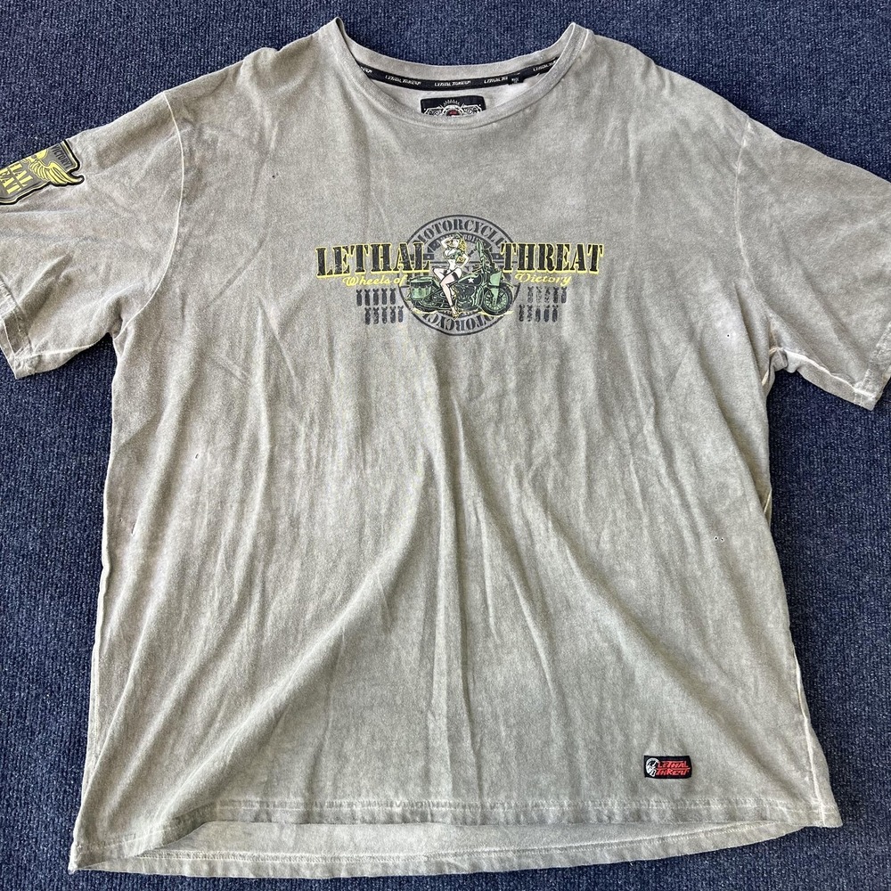Lethal Threat Shirt Mens 2XL Gray Wheels of Victory Motorcycle Pin Up Graphic